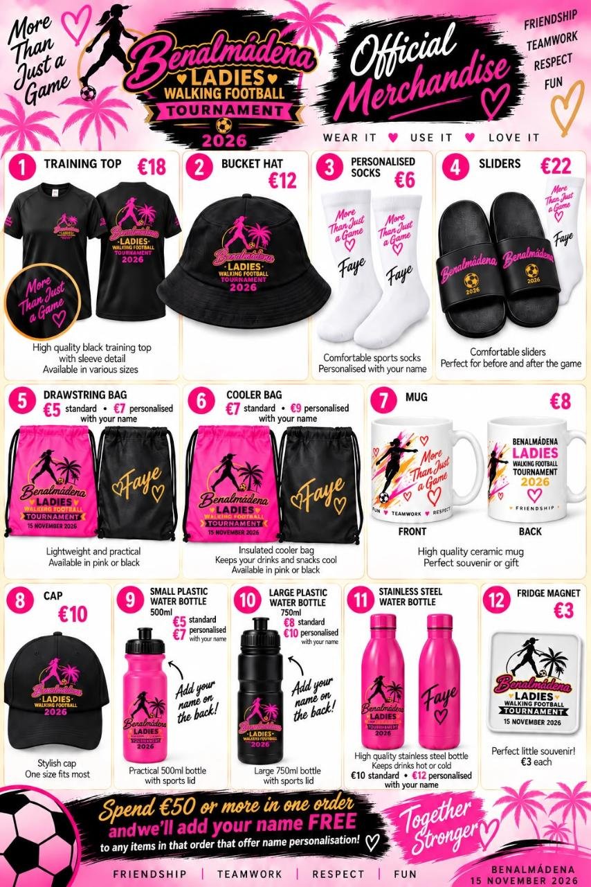 Official Benalmádena Ladies Walking Football Tournament merchandise and prices